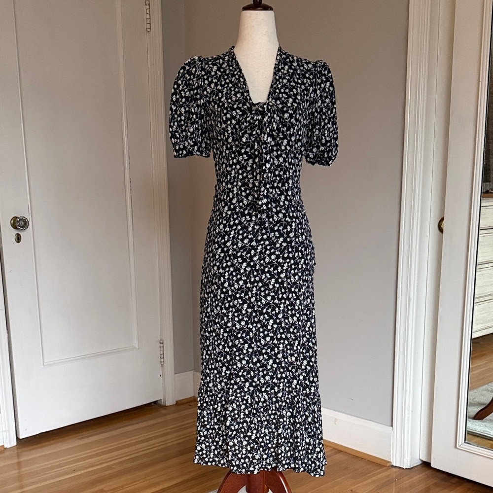 Reformation Black and White Floral Tie-Front Midi Dress with Puff Sleeves